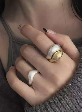一恋金银撞色雾面戒指女个性时尚几何不规则开口指环食指