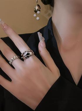 一恋多层线条交叉戒指女微镶黑色锆石几何开口指环叠戴食指