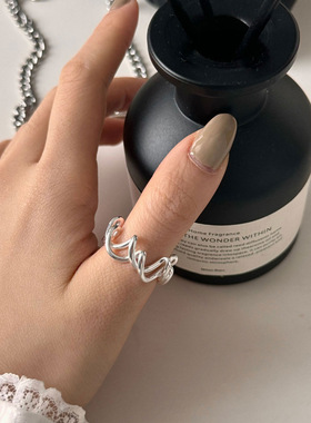 一恋黑色小圆珠戒指女几何线条螺旋不规则开口指环ins食