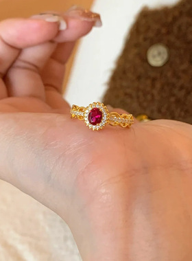 一恋宫廷风气质红色戒指女百搭时尚优雅开口指环叠戴食指