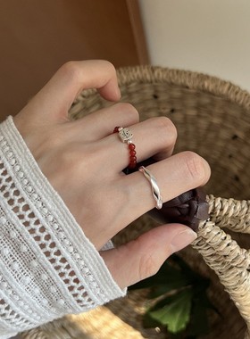 一恋小清新小巧精致红色圆珠弹力戒指女个性设计招财猫咪指环食指