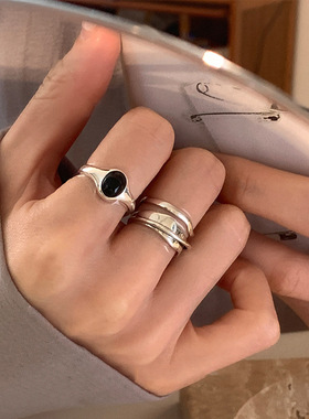 一恋椭圆黑色锆石戒指女复古几何多层不规则开口指环食指