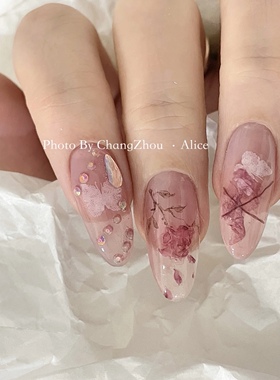 水彩手绘晕染玫瑰花新娘美甲贴纸
