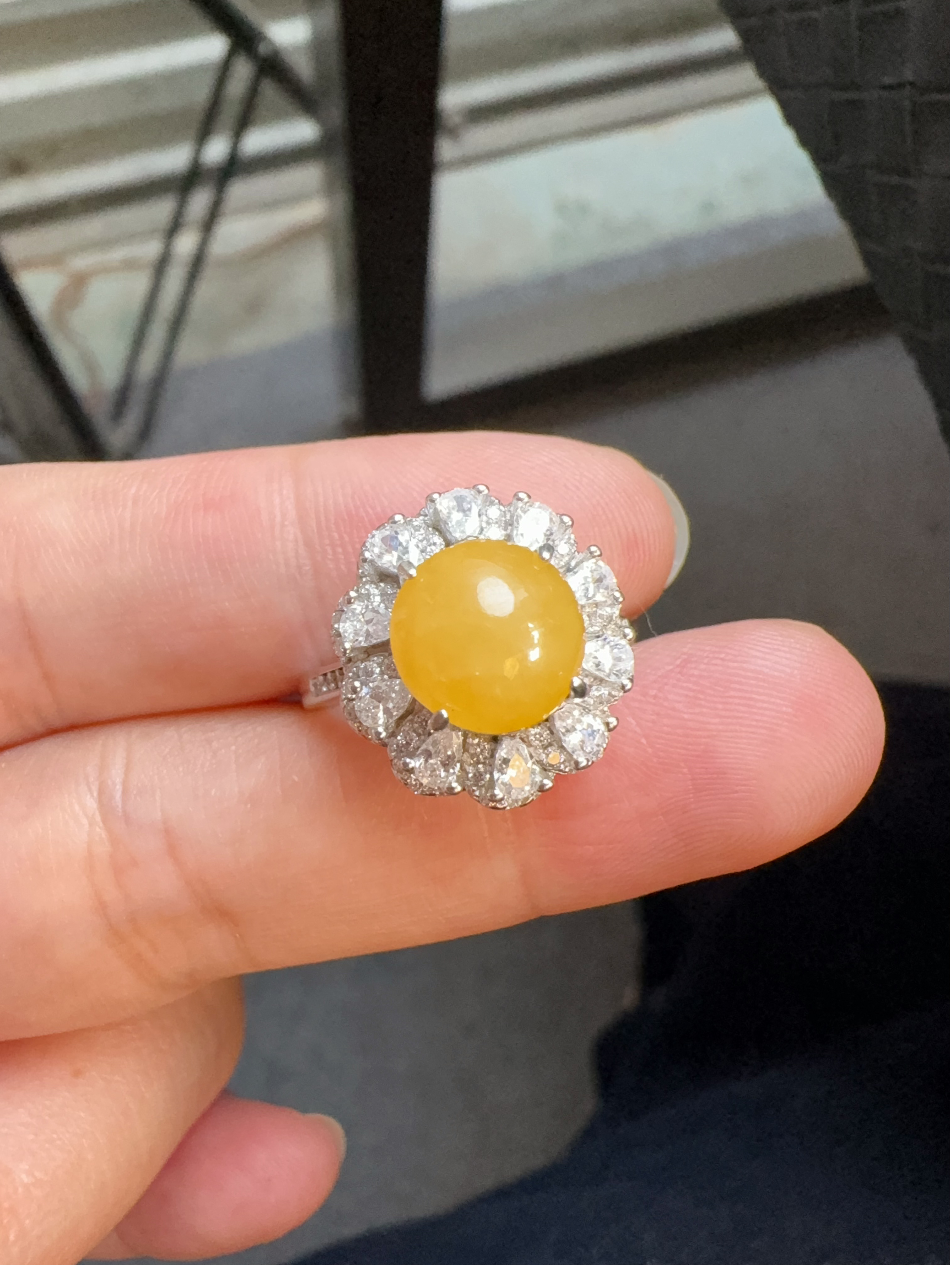 Natural A grade jade yellow jade cabochon ring natural unfired sterling silver design