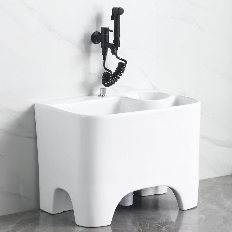 家用陶瓷洗拖把池阳台地拖布池卫生间一体成型沥水篮落地式墩布池 - 图3