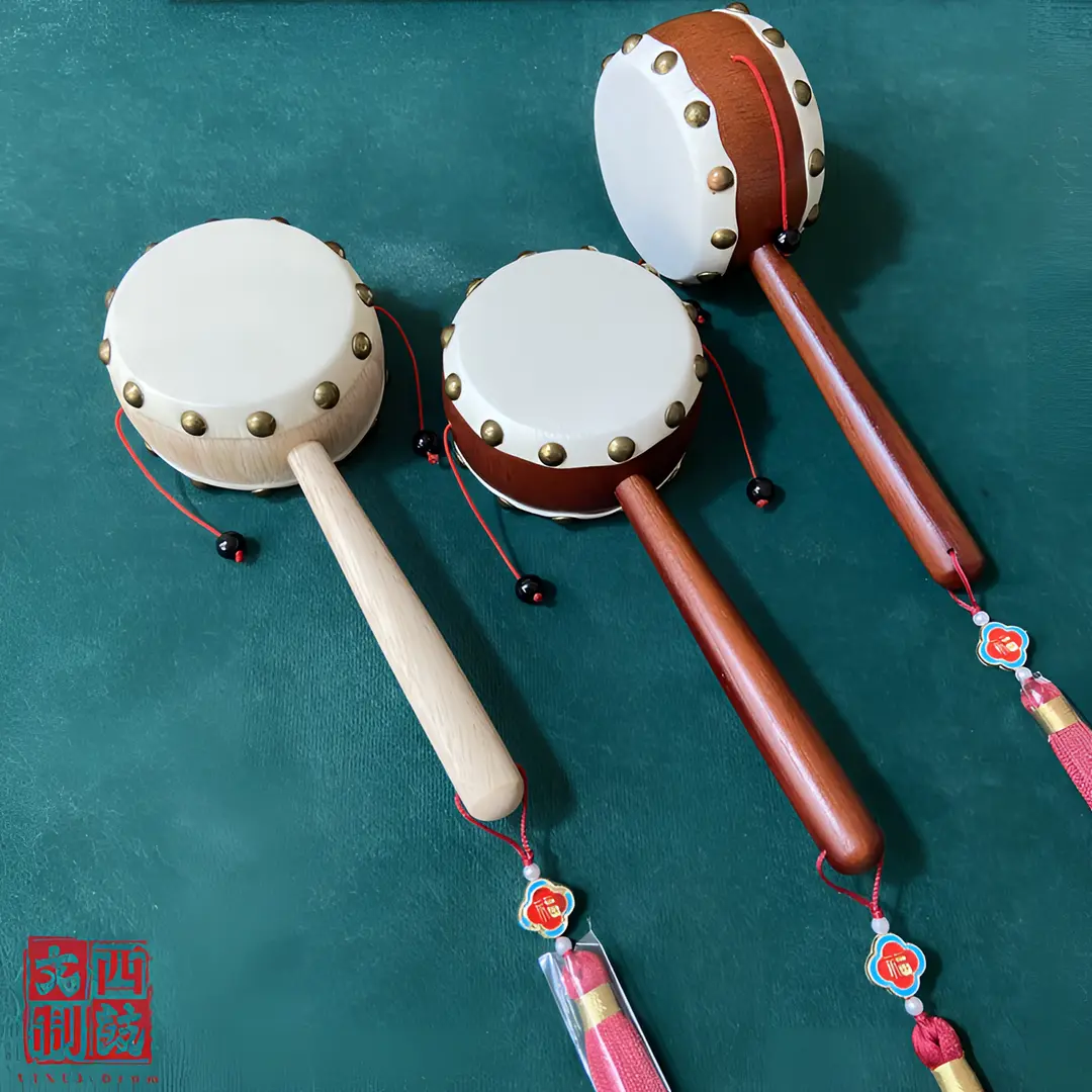 传统实木手工羊皮拨浪鼓儿童益智玩具新生儿婴儿礼物安抚哄娃Z - 图1