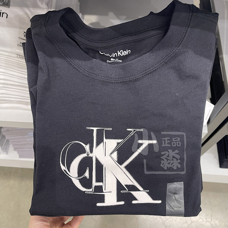 Calvin Klein CK女士休闲时尚修身显瘦双logo弹力圆领短袖T恤衫