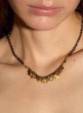 长款圆片黑色串珠项链女