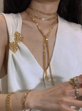 长款金色方块流苏项链女