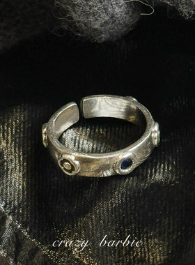 S925纯银做旧蓝色闪钻开口戒指女