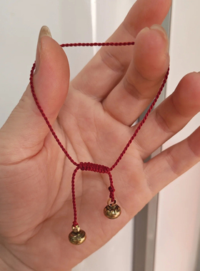 新中式做旧铃铛极细红色编织手绳