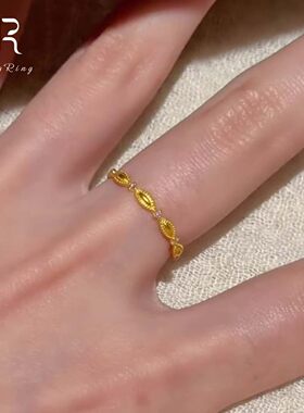 S925纯银金色闪钻波浪戒指女