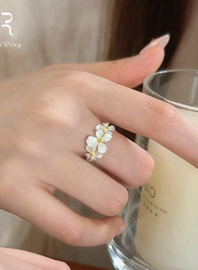 S925纯银白色栀子花戒指女