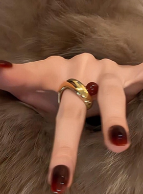 红色玛瑙金属几何椭圆金色戒指女