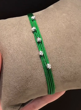 老钱风闪钻绿色多层编织手绳手链