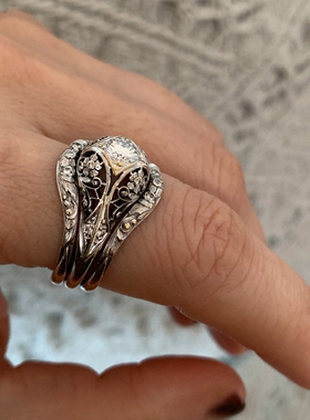 S925纯银复古黑色镂空繁花戒指女