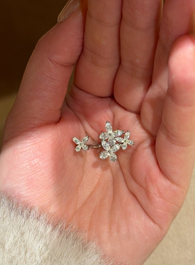 银色爆闪满钻花朵开口戒指女