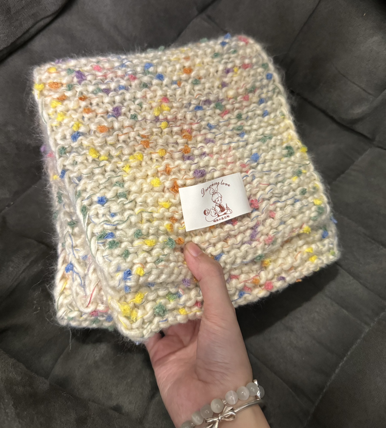 溺水小苑自制可爱彩虹豆豆围巾手混线双元宝编织钩针diy手工礼物 - 图2