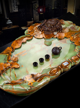 石诚记天然石茶盘大号古青玉复古家用排水式托盘功夫茶具茶台牛耕