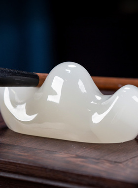 石诚记天然玉石笔山笔搁中式书房镇纸搁毛笔托白玉小宝放笔架笔台