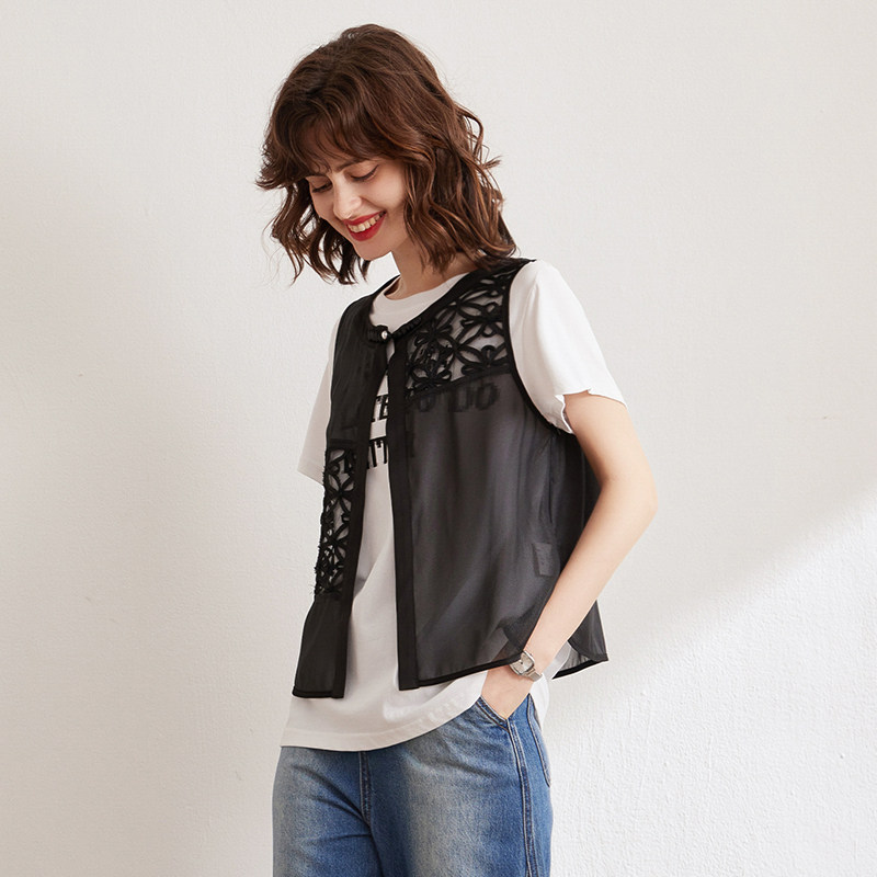 White deer language stitching hollow chiffon vest for women