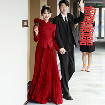 Long sleeve toast to the bride New Chinese wine Red color Two sets Wedding Engagement Gown Superior Qipao Horse Face Skirt Winter