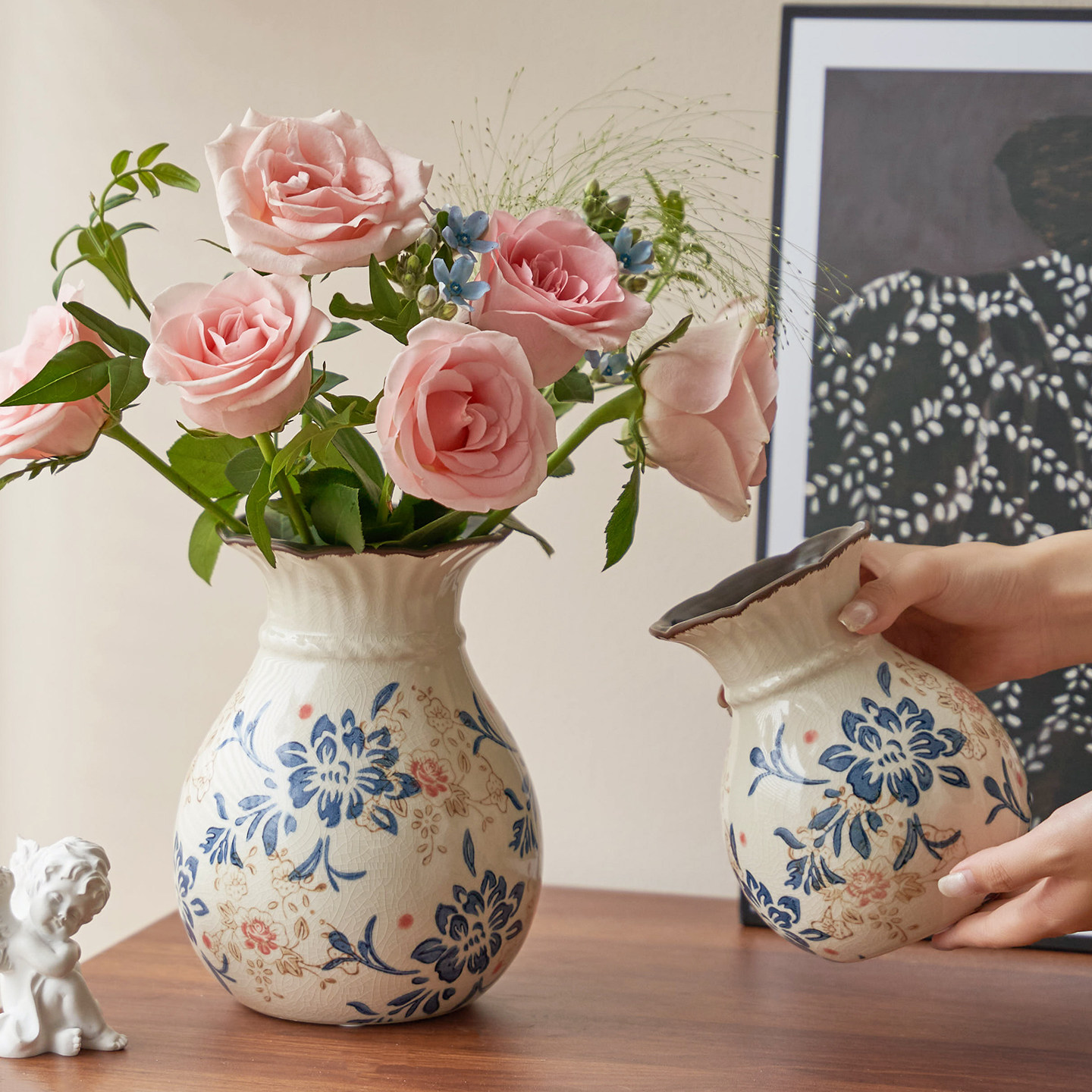 高级感摆件新中式复古陶瓷花瓶家居青花瓷客厅水养插花装饰品玄关,淘宝优惠券,粉丝福利购,淘宝优惠卷