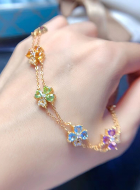 s925银镶嵌天然彩色手链 石榴石 黄水晶 橄榄石 托帕石 紫水晶