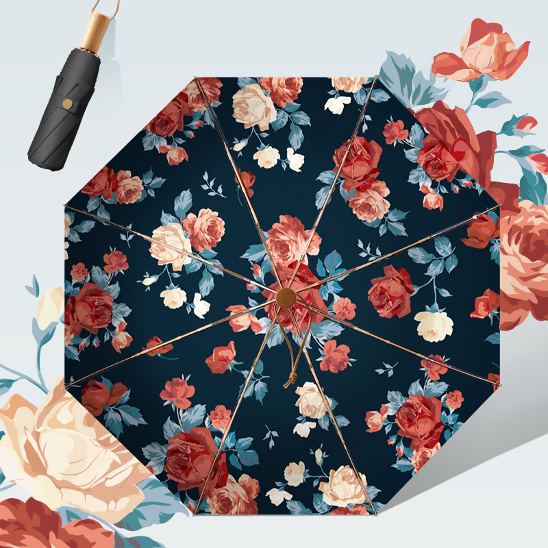 ins复古玫瑰优雅双层自动雨伞折叠晴雨两用女遮阳防紫外线太阳伞-图1