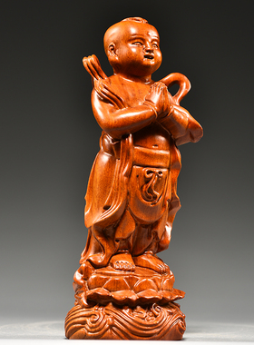 花梨实木雕刻金童玉女摆件善财童子龙女家居客厅供奉佛像结婚送礼