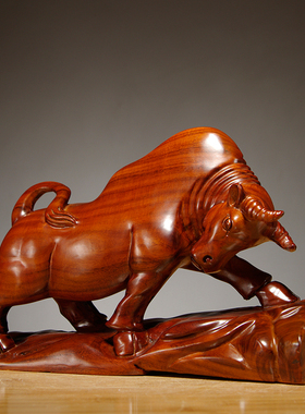 花梨木雕华尔街牛摆件生肖雕刻牛气冲天家居办公室装饰红木工艺品