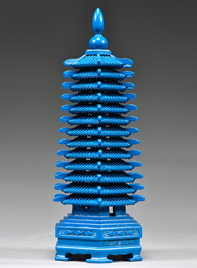 蓝色桃木雕刻十三层文昌塔摆件