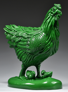 绿色木雕母鸡摆件动物雕刻