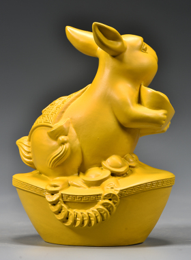 黄色实木兔子摆件木质雕刻十二生肖木头小兔吉祥物装饰木制工艺品