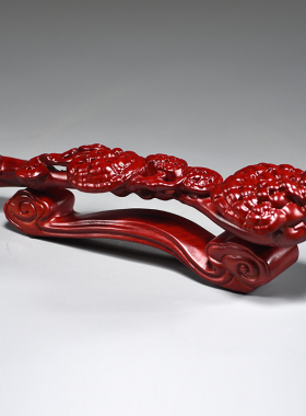 红色木雕刻灵芝如意摆件红木