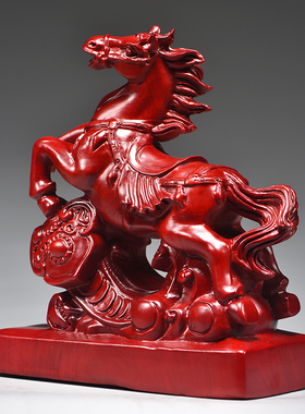 红色木质雕刻如意马摆件十二生肖家居马客厅装饰红木工艺品送礼