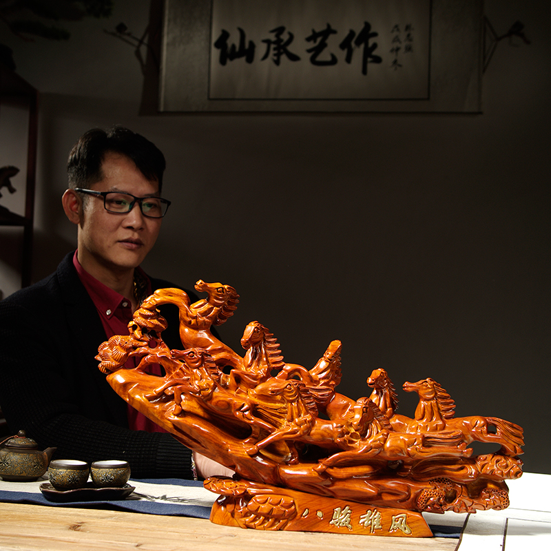 花梨实木八马八骏雄风摆件红木雕刻工艺品家居客厅办公装饰工艺品