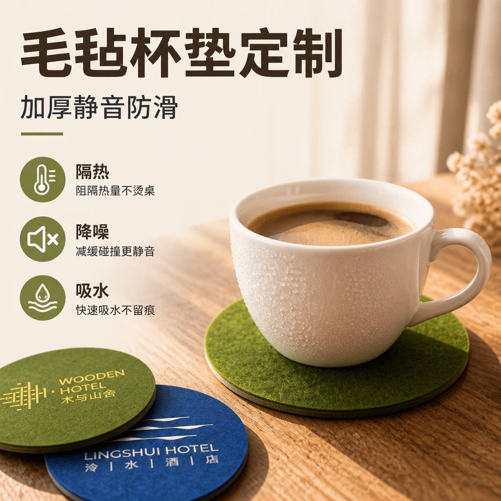 Customized felt paper absorbent coasters with logo printed on them