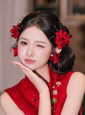 高级感复古红色新娘发饰品气质新中式晨袍敬酒服手工绒花订婚配饰