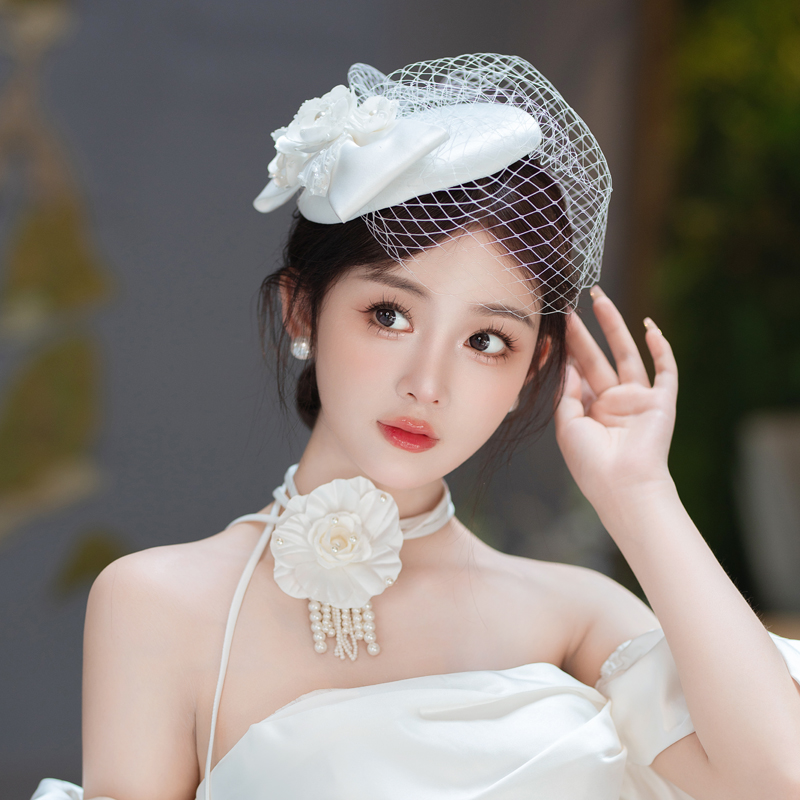 新款发头饰女新娘婚纱礼服旗袍帽子法式赫本白色复古面纱网纱礼帽