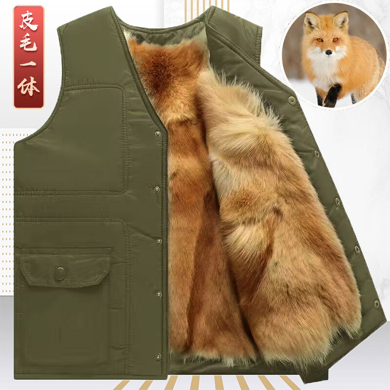 Middle-aged and elderly men's wool vest men's autumn and winter fur all-in-one warm vest real sheepskin vest dad thickened cotton vest