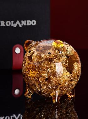 法兰晶创意礼物金箔玻璃金猪摆件装饰品工艺品祝福礼品摆件礼盒装