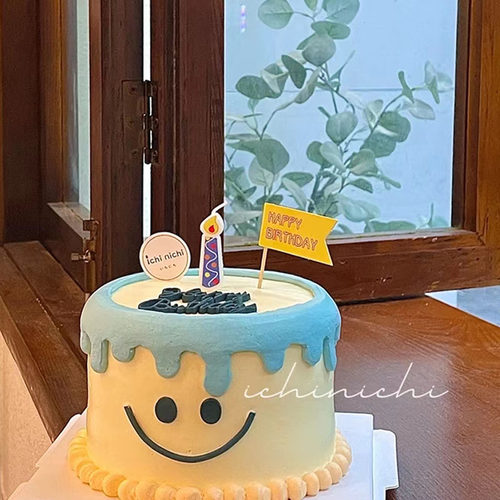 简约ins风笑脸蛋糕蓝色蜡烛五彩happy插牌摆件英文模具装饰烘焙台 - 图2