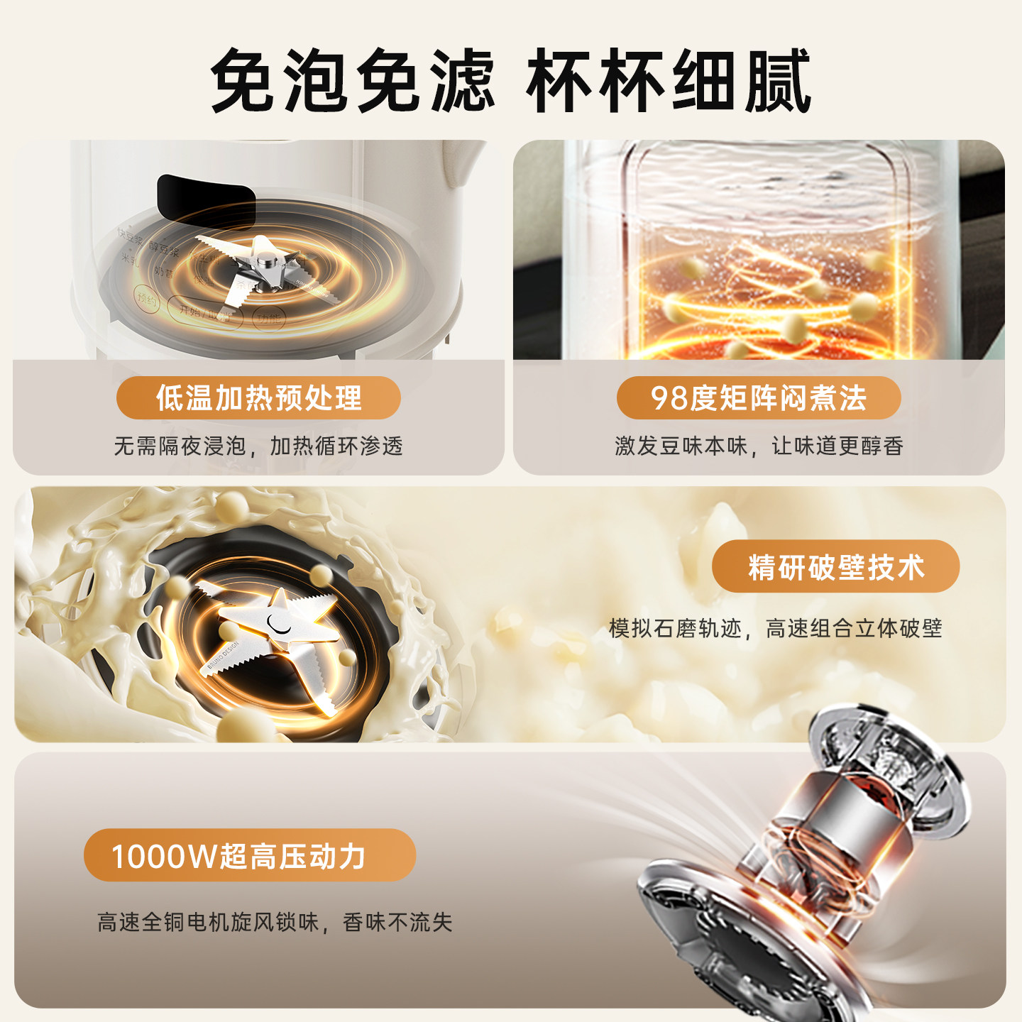 BRUNO豆浆机破壁机五谷全自动低噪音家用可视迷你新款榨汁机官方
