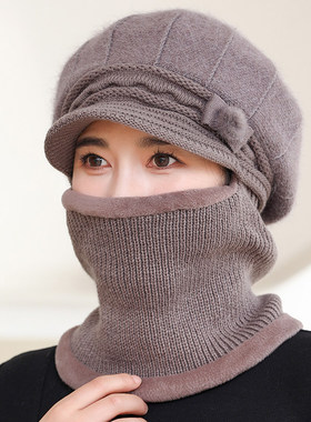 日本进口无印针织毛线帽子围脖一体女冬季加绒加厚保暖中老年人妈