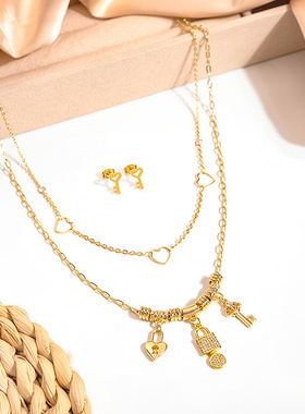 森系欧美绿色小鸟项链 小众月亮蝴蝶项饰高级感恶魔之眼饰品套装