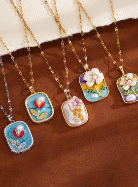 莫奈花园油画风蝴蝶吊坠项链女轻奢小众高级感钛钢锁骨链首饰批发