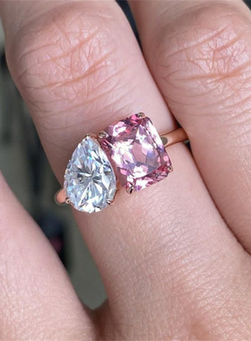 temu亚马逊欧美跨境热卖女士戒指镶嵌双主石粉钻结婚订婚闭口指环