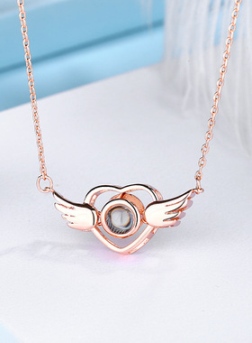 天使之翼投影项链女网红100语言我爱你微雕短款颈链灵动翅膀吊坠