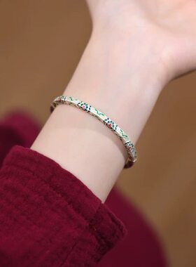 新中式国风宝相花手镯女开口描金珐琅纯银镯子情人节礼物
